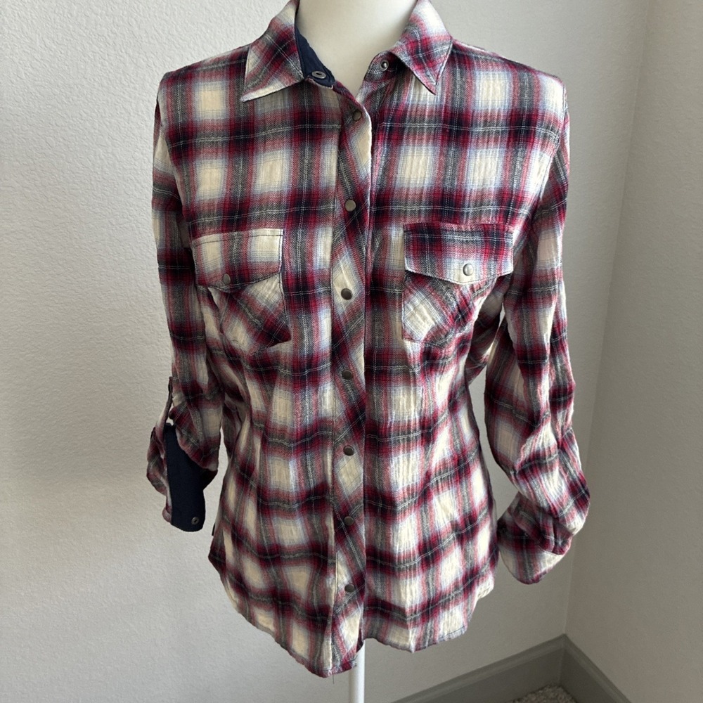Kut From The Kloth Plaid Pearl Snap Roll Tab Long Sleeve Western Shirt Small